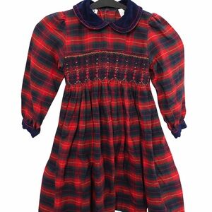 Girls Red & Green Plaid Smocked Long-Sleeve Dress
